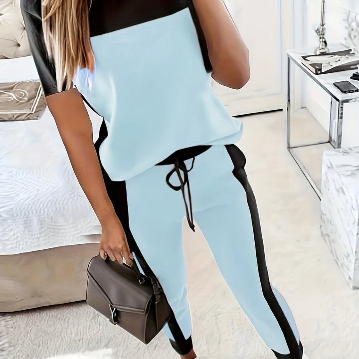 Casual Color-Block Set - T-Shirt met Ronde Hals en Lange Broek