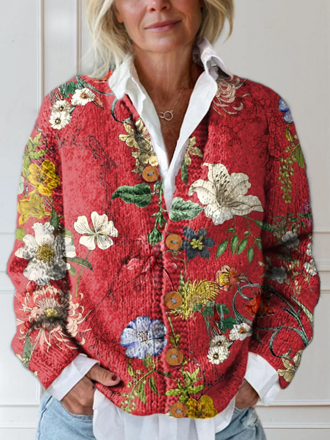 Dames Vintage Bloemen Kunstprint Gebuttonde Cardigan Trui
