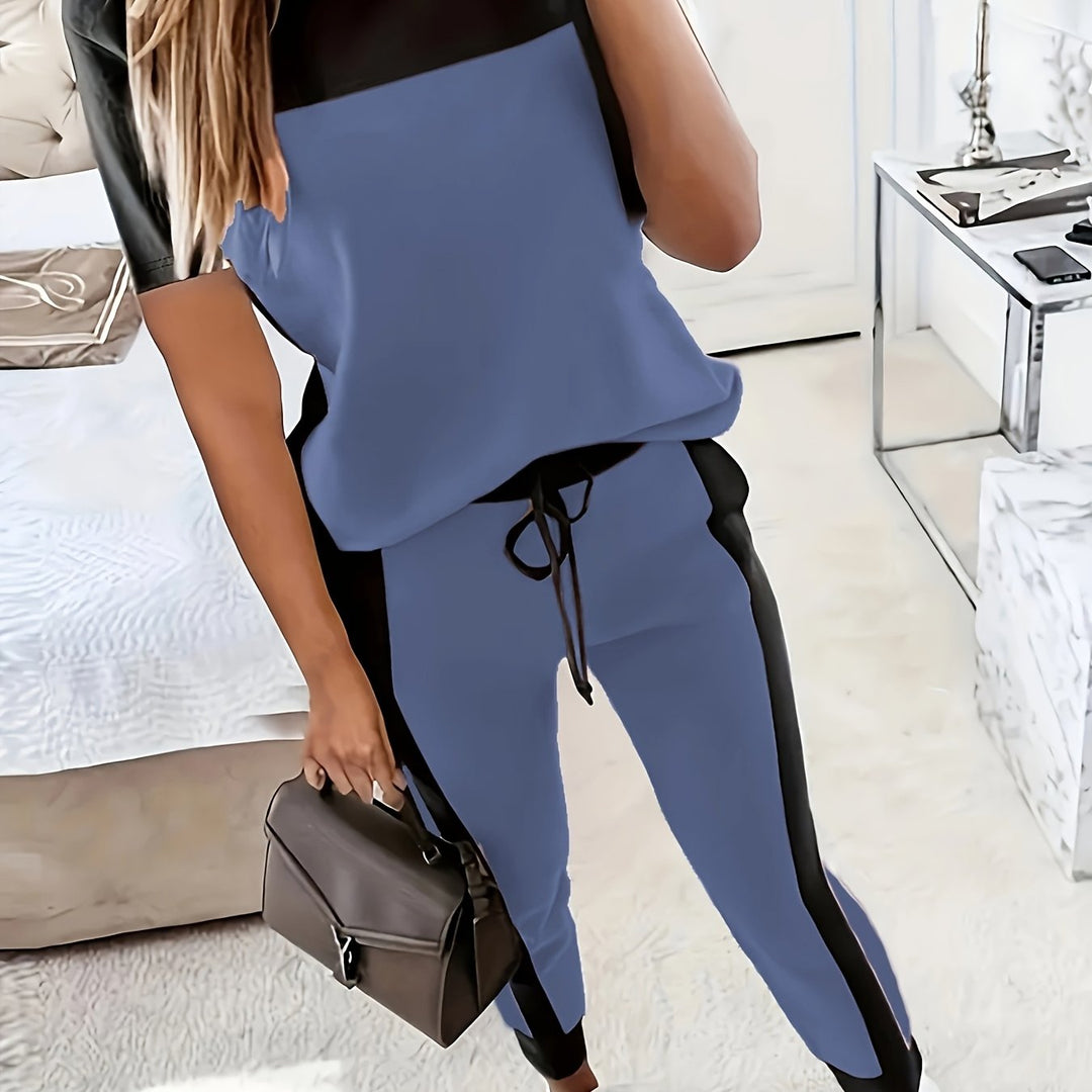 Casual Color-Block Set - T-Shirt met Ronde Hals en Lange Broek