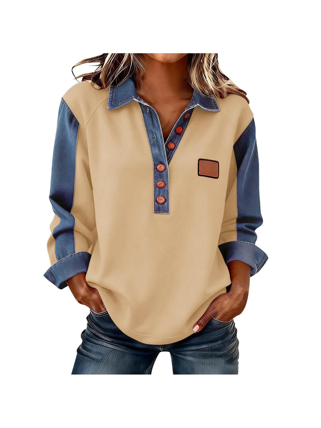 Losvallende Boho Top met Kraag en Patchwork Details