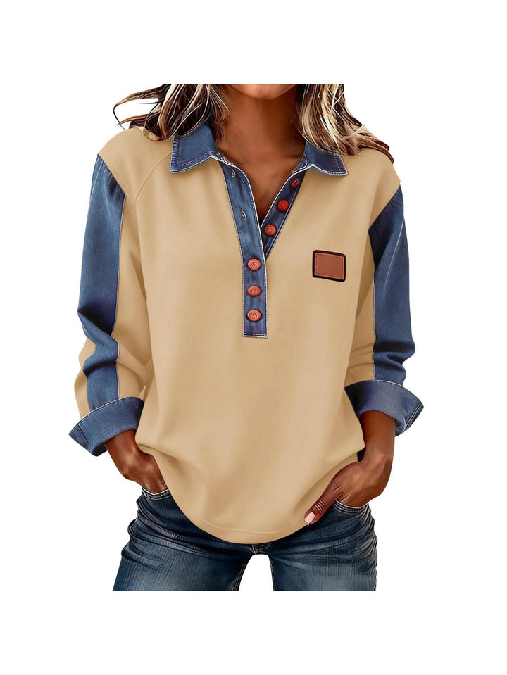 Losvallende Boho Top met Kraag en Patchwork Details