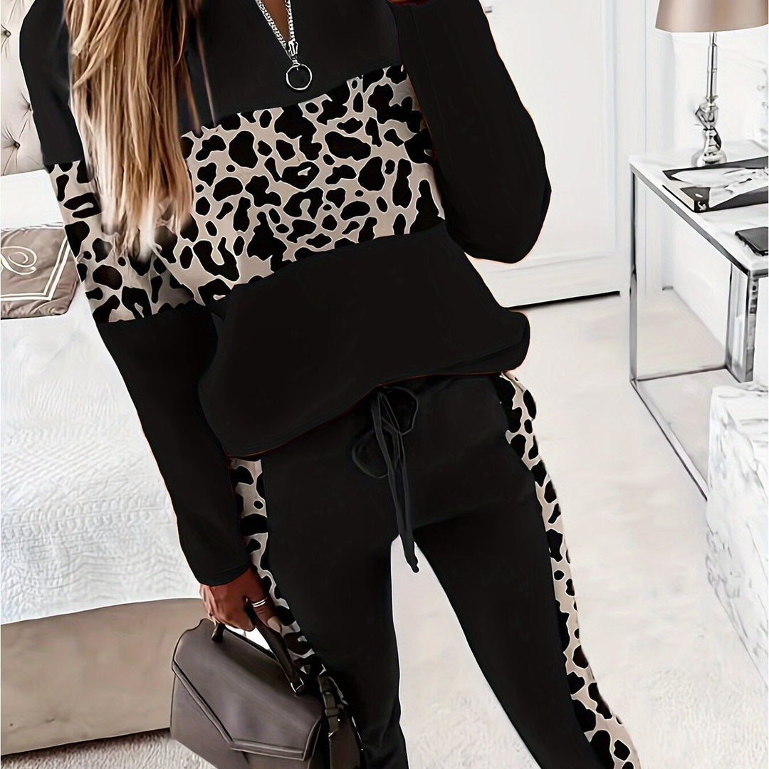 Luipaardprint Patchwork Tweedelige Set - Trendy Lange Mouwen Top & Broek