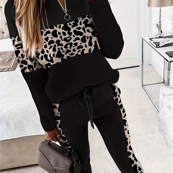 Luipaardprint Patchwork Tweedelige Set - Trendy Lange Mouwen Top & Broek