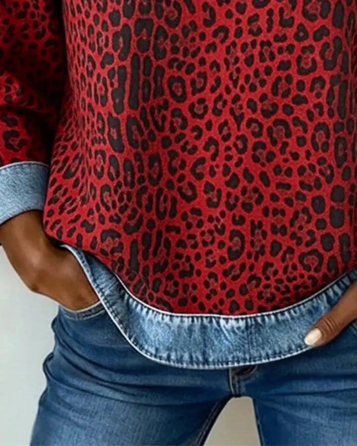 Leopard Print Patchwork Denim Trui