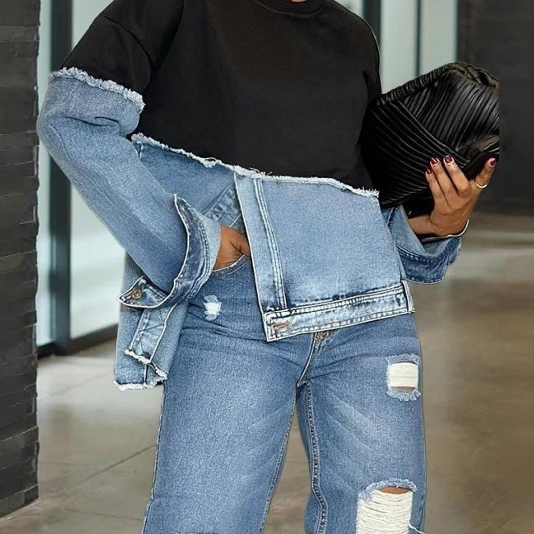 Dames Casual Denim Patchwork Lange Mouw Crew Neck Top