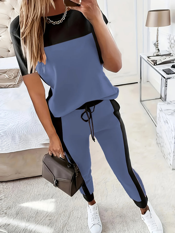 Casual Color-Block Set - T-Shirt met Ronde Hals en Lange Broek