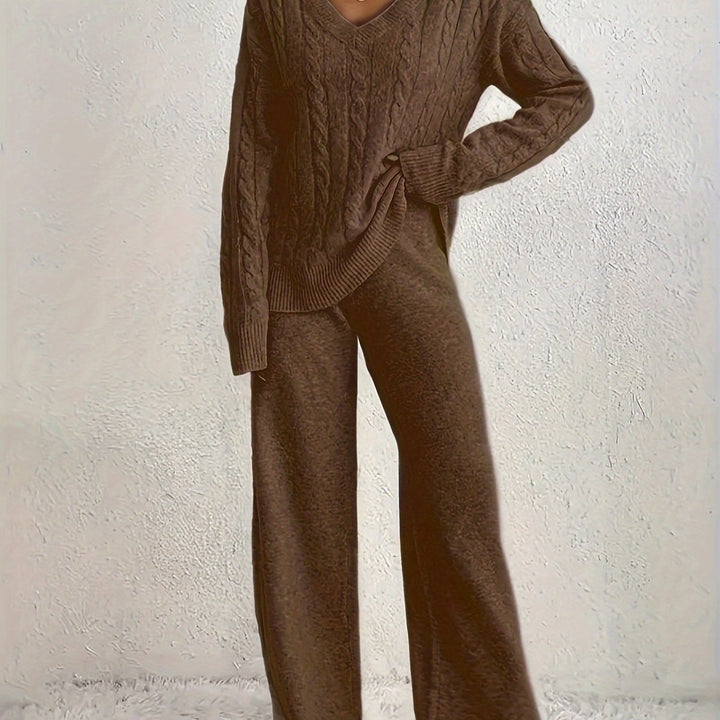V-Hals Sweater en Wijde Broek Tweedelige Set - Fashionable & Casual
