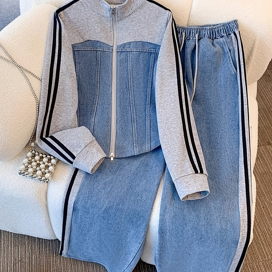 Tweedelige Denim Patchwork Set voor Herfst/Winter