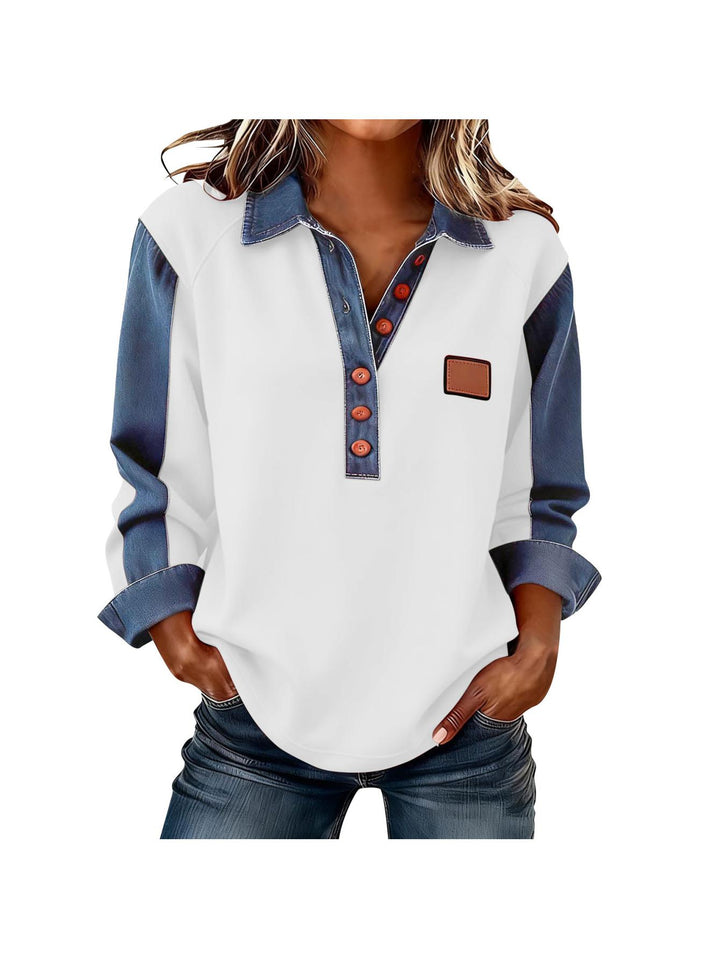 Losvallende Boho Top met Kraag en Patchwork Details