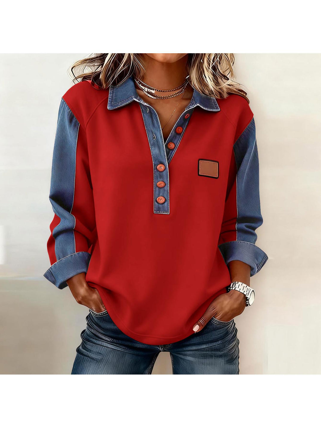 Losvallende Boho Top met Kraag en Patchwork Details