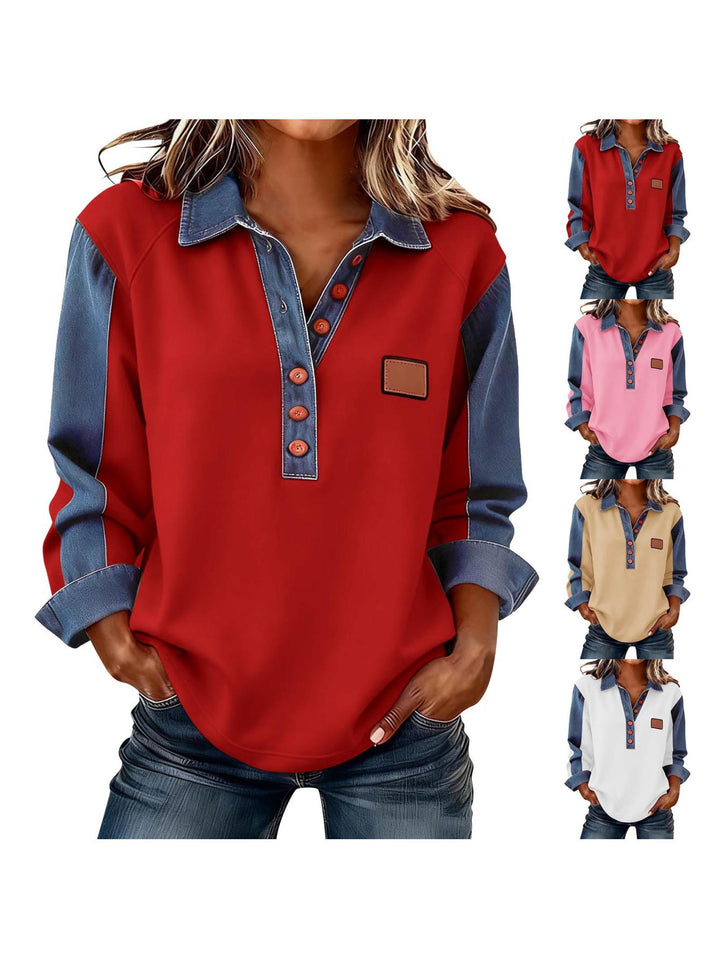 Losvallende Boho Top met Kraag en Patchwork Details