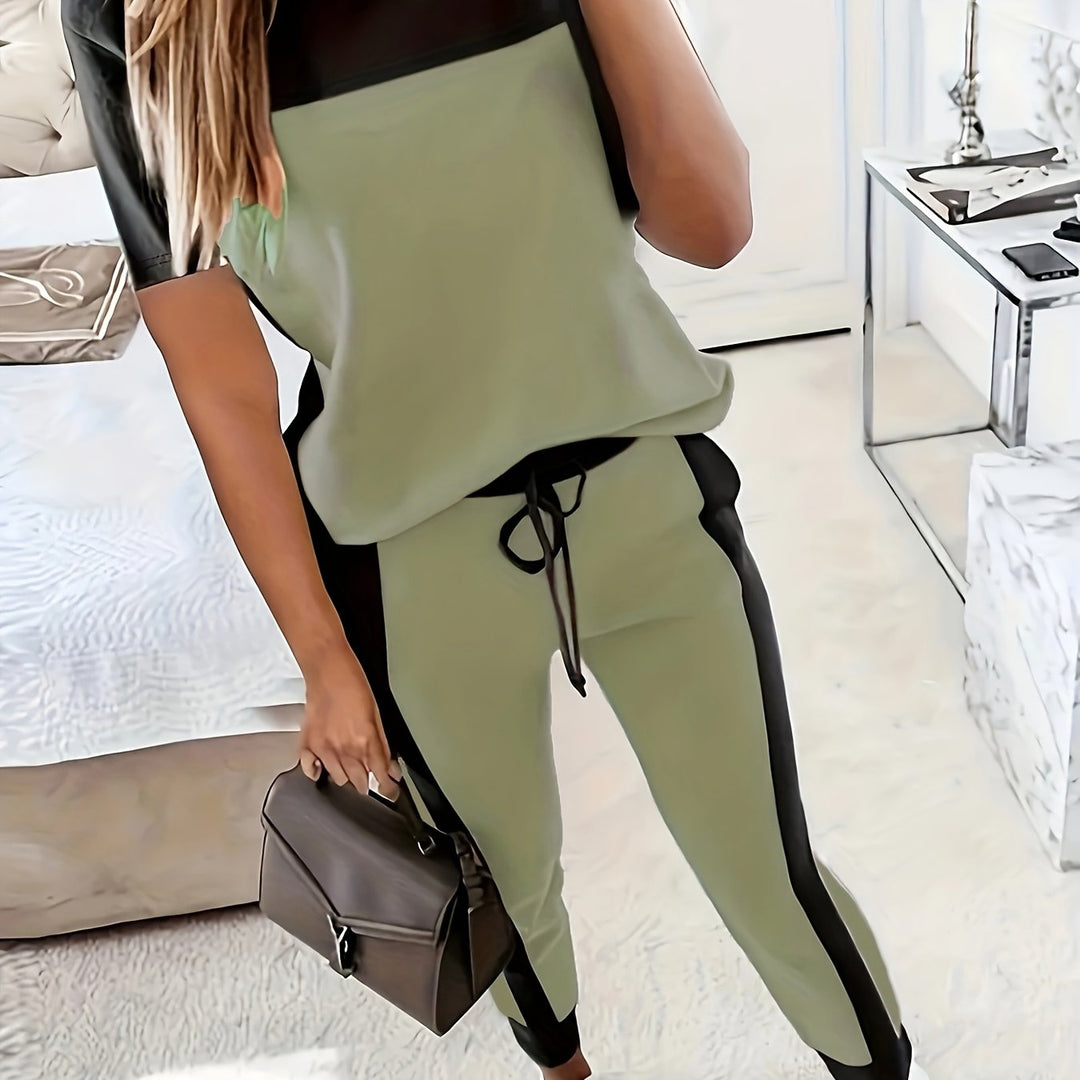 Casual Color-Block Set - T-Shirt met Ronde Hals en Lange Broek