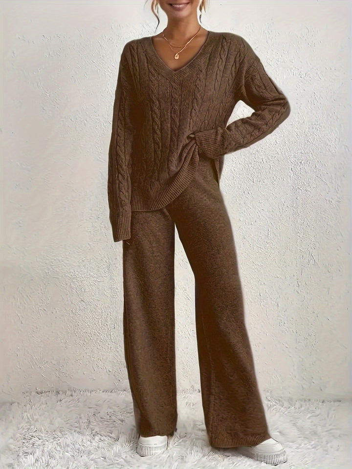 V-Hals Sweater en Wijde Broek Tweedelige Set - Fashionable & Casual