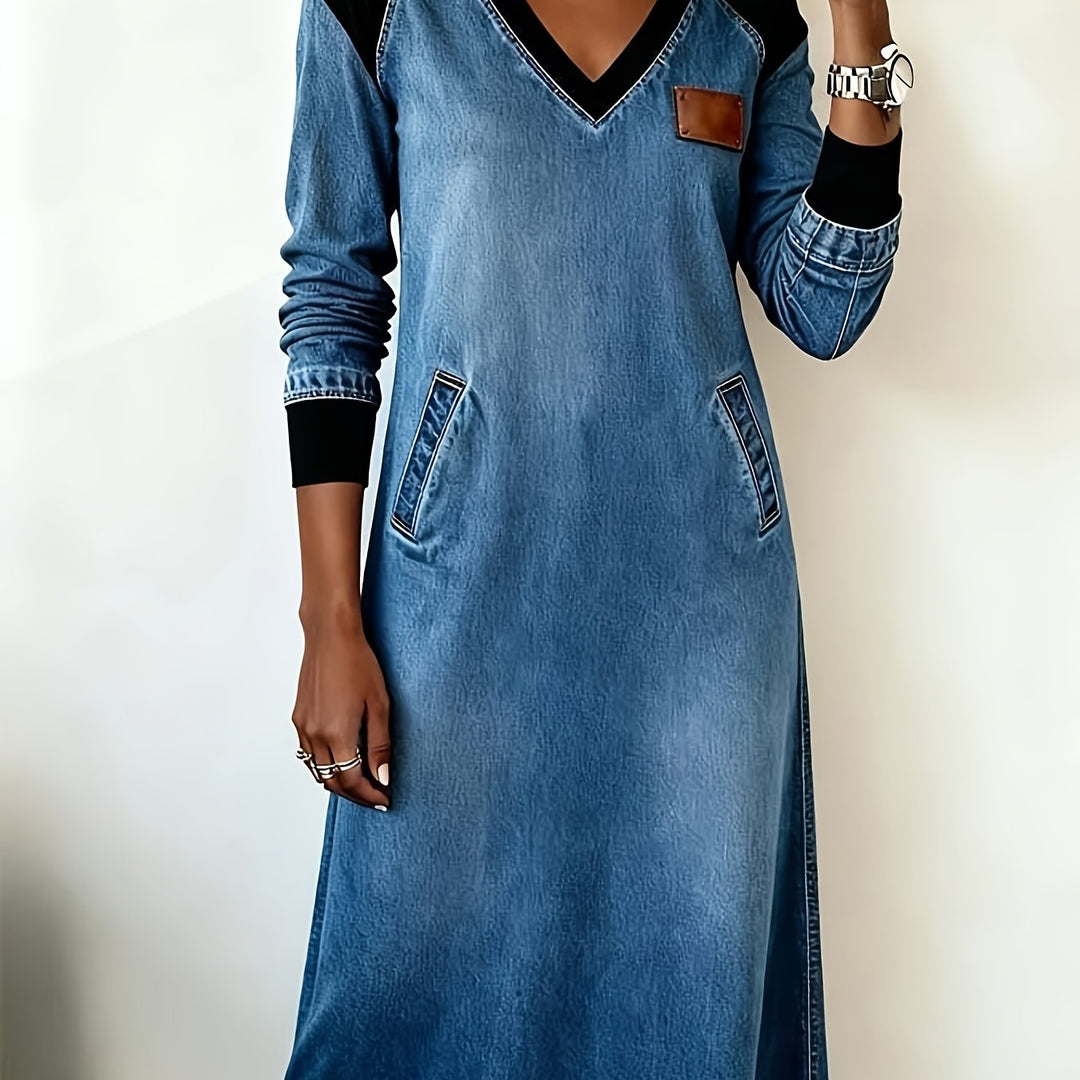 Elegante Retro Midi Jurk met V-Hals & Zakken