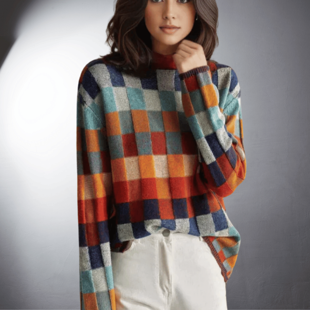 Vellara™ | Kleurrijke Geruite Katoenen Trui met Col