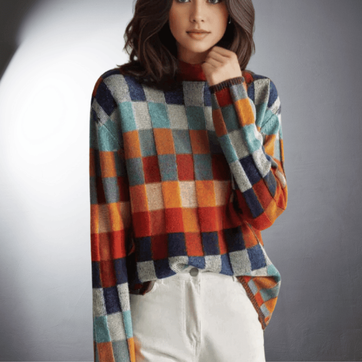 Vellara™ | Kleurrijke Geruite Katoenen Trui met Col