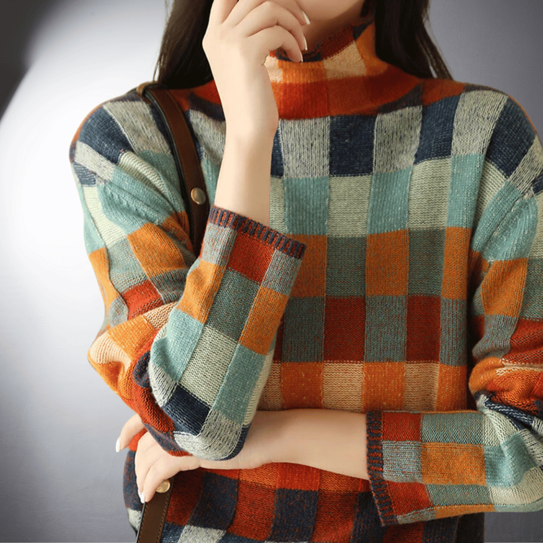 Vellara™ | Kleurrijke Geruite Katoenen Trui met Col