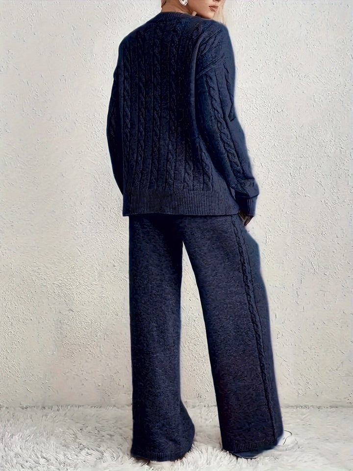V-Hals Sweater en Wijde Broek Tweedelige Set - Fashionable & Casual