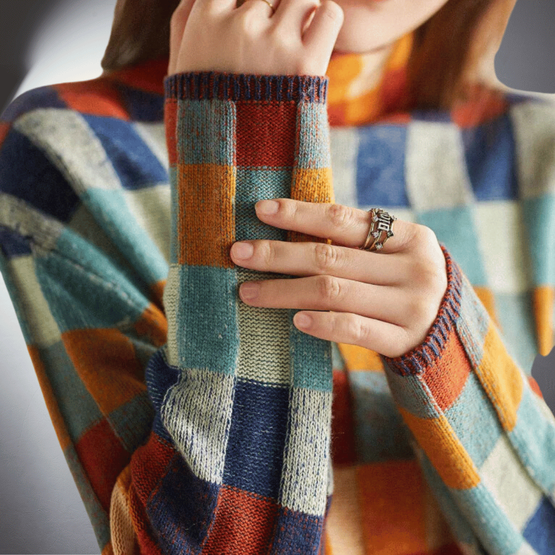 Vellara™ | Kleurrijke Geruite Katoenen Trui met Col