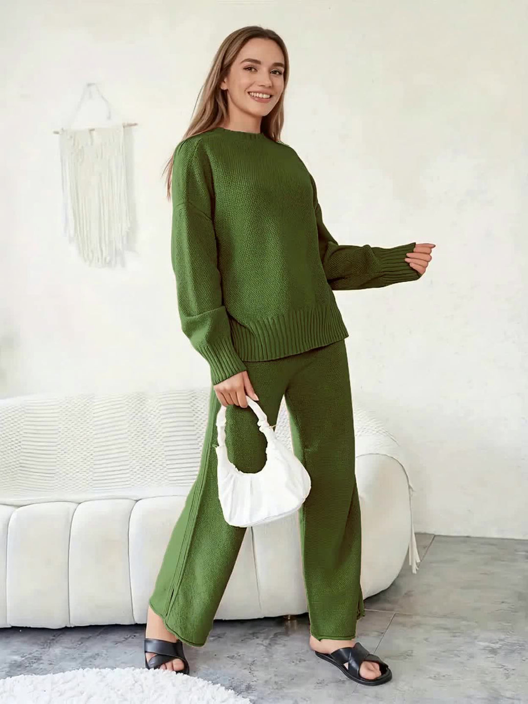 Elegant Seed Stitch Sweater Set - Drop Shoulder