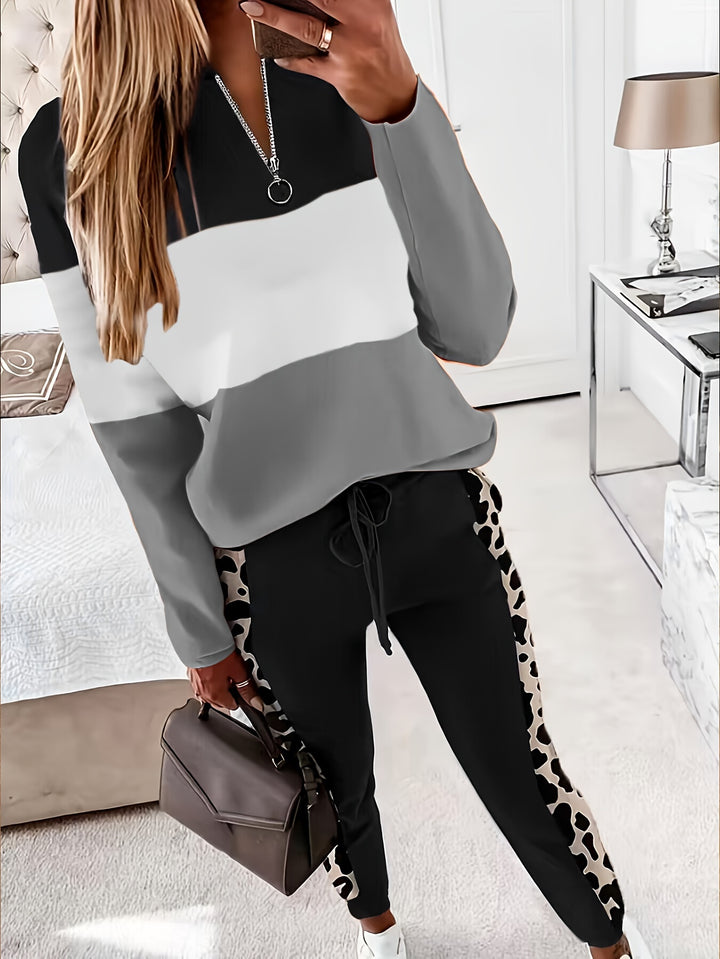 Luipaardprint Patchwork Tweedelige Set - Trendy Lange Mouwen Top & Broek