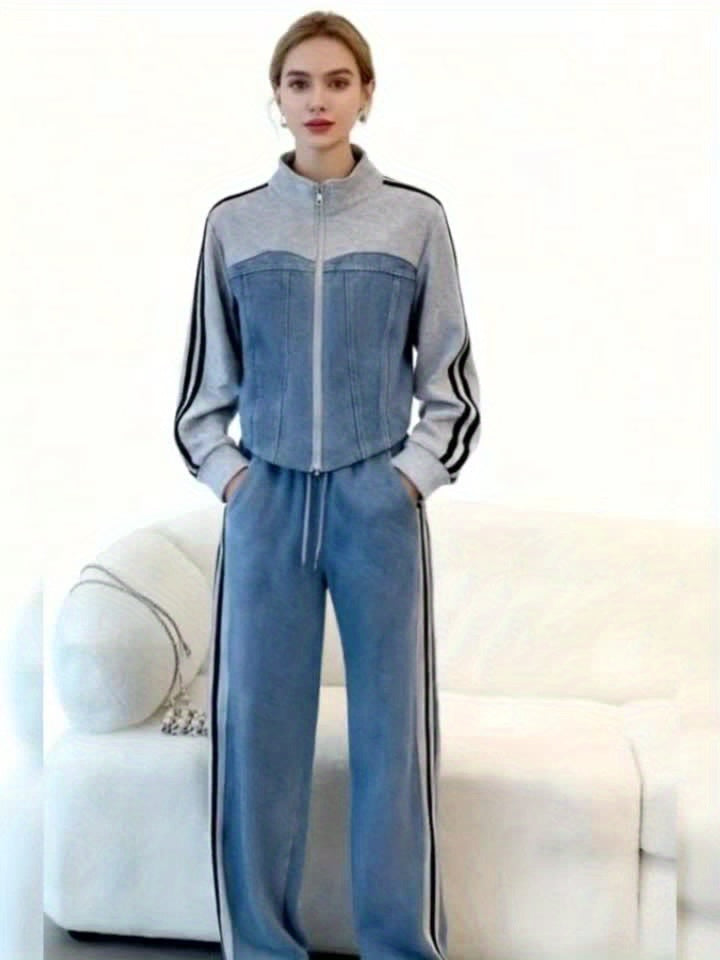 Tweedelige Denim Patchwork Set voor Herfst/Winter