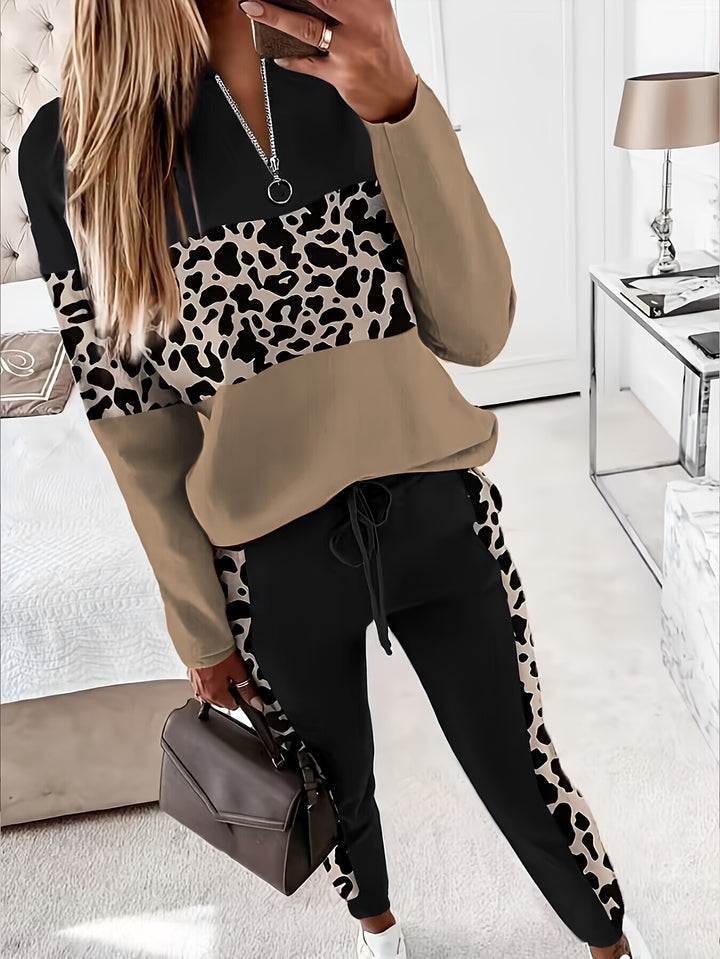 Luipaardprint Patchwork Tweedelige Set - Trendy Lange Mouwen Top & Broek
