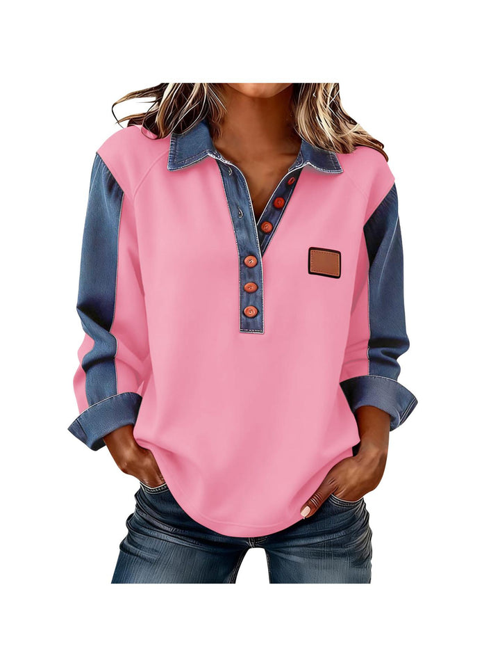 Losvallende Boho Top met Kraag en Patchwork Details