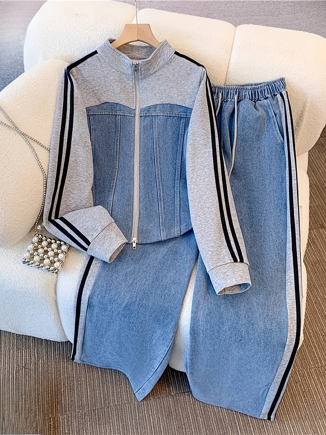 Tweedelige Denim Patchwork Set voor Herfst/Winter