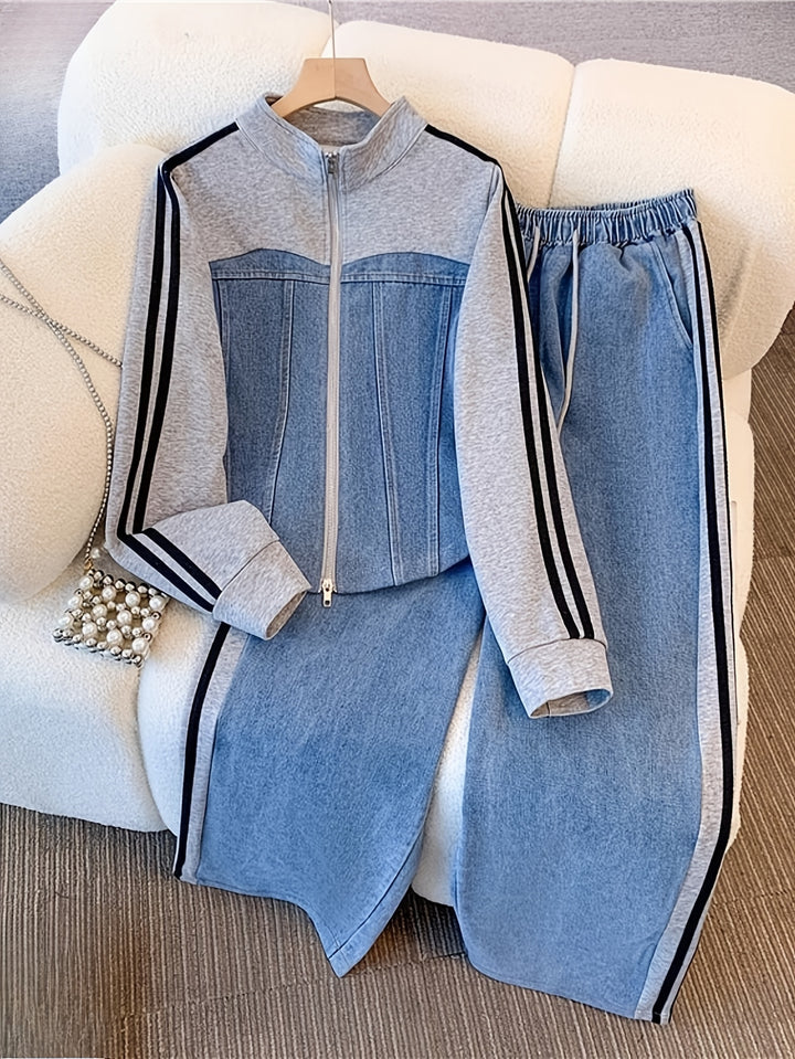 Tweedelige Denim Patchwork Set voor Herfst/Winter