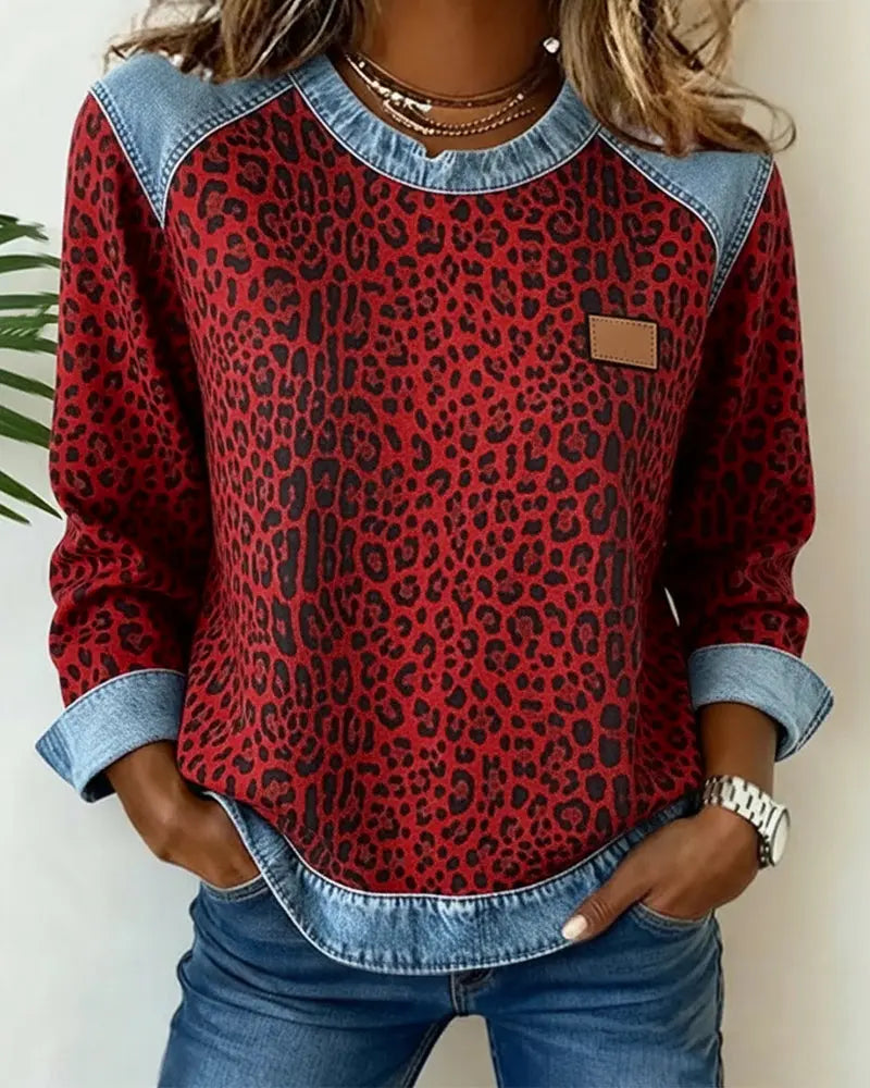 Leopard Print Patchwork Denim Trui