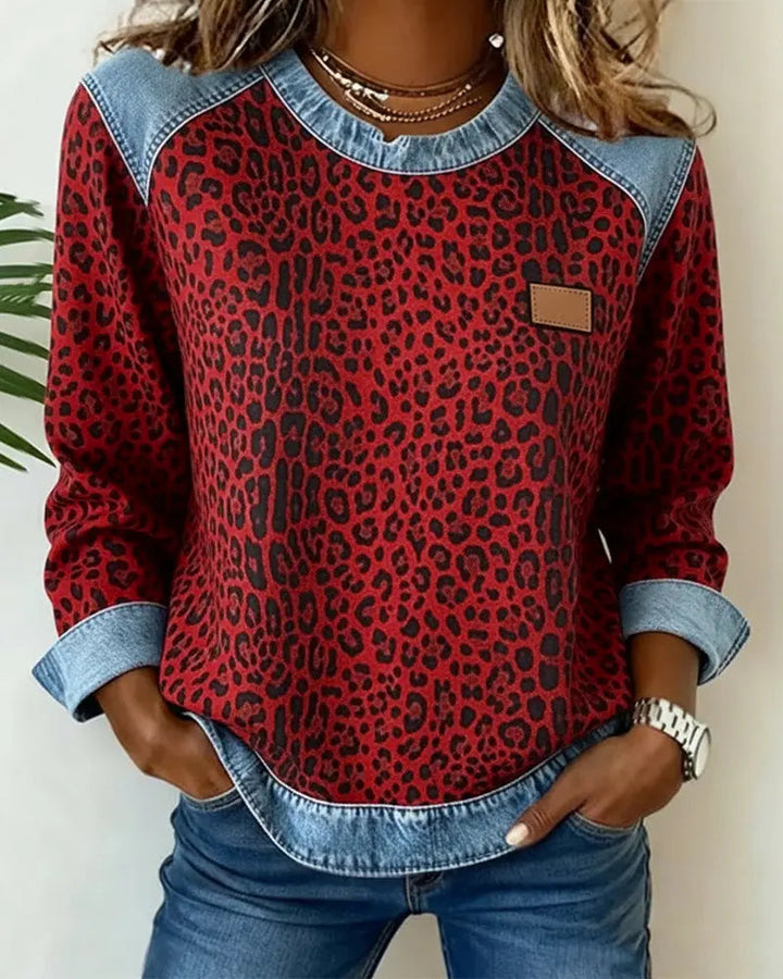Leopard Print Patchwork Denim Trui
