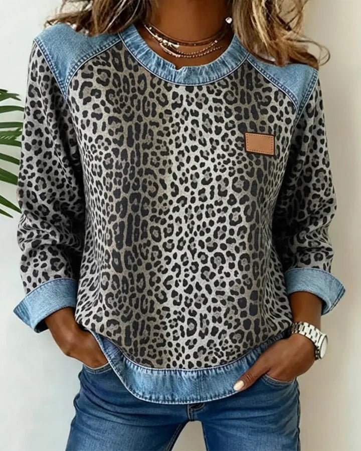 Leopard Print Patchwork Denim Trui