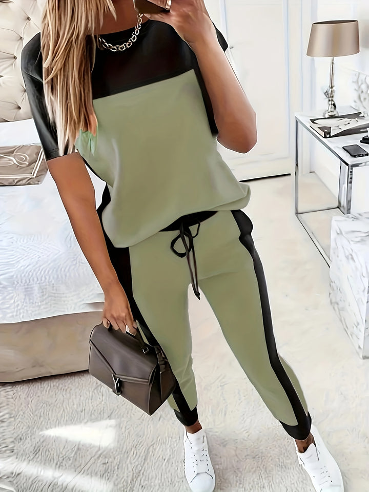 Casual Color-Block Set - T-Shirt met Ronde Hals en Lange Broek