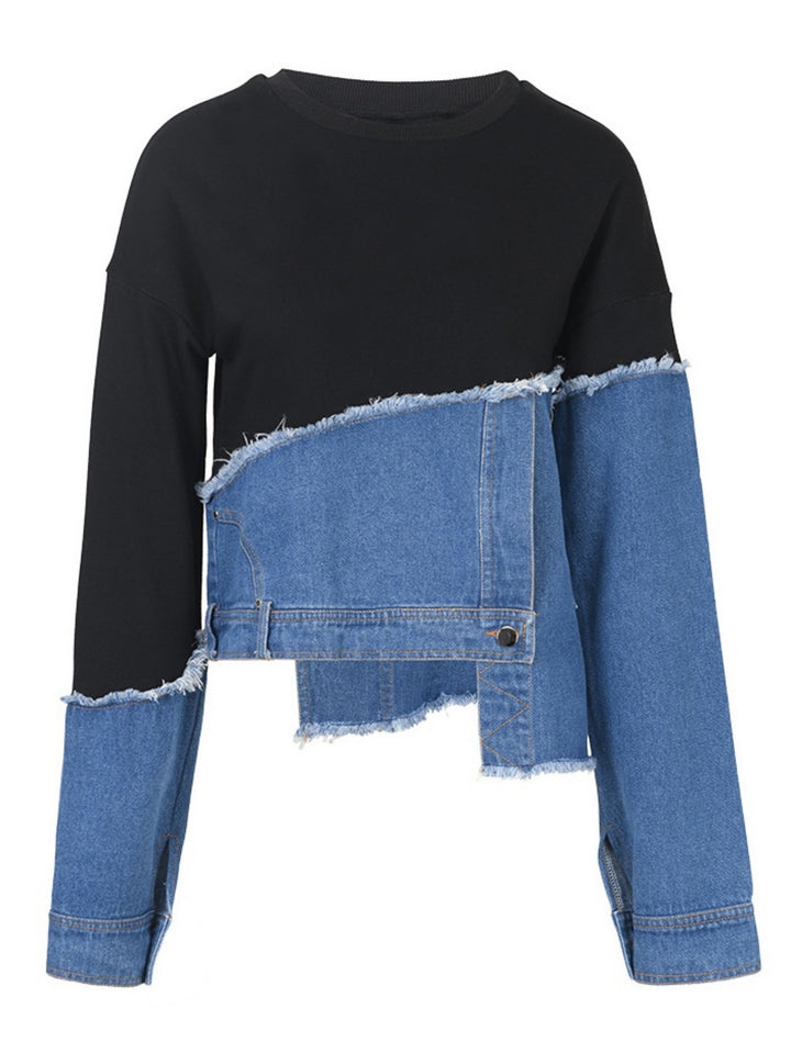 Dames Casual Denim Patchwork Lange Mouw Crew Neck Top