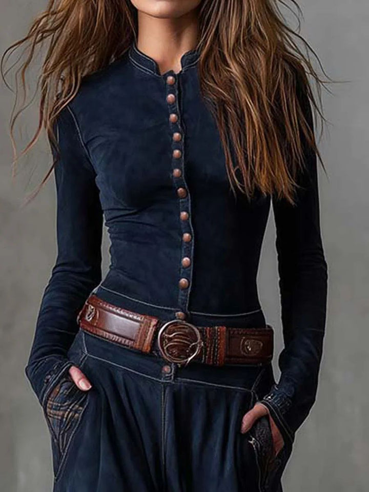 Leonora | Vintage Lange Jurk in Marineblauwe Suède Ruit (Inclusief Riem)