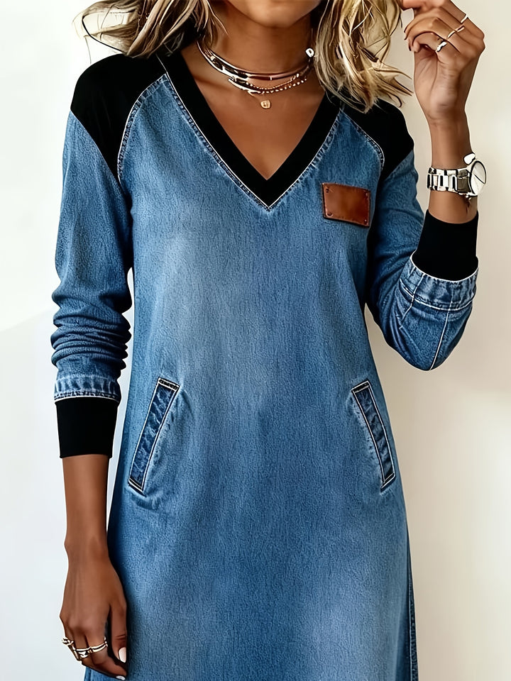 Elegante Retro Midi Jurk met V-Hals & Zakken