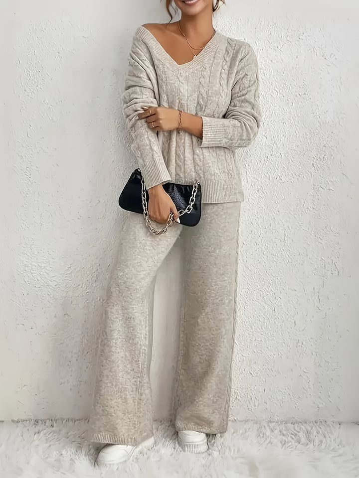 V-Hals Sweater en Wijde Broek Tweedelige Set - Fashionable & Casual