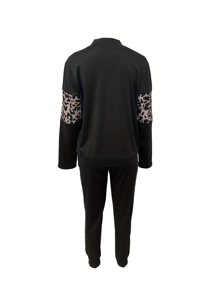 Luipaardprint Patchwork Tweedelige Set - Trendy Lange Mouwen Top & Broek