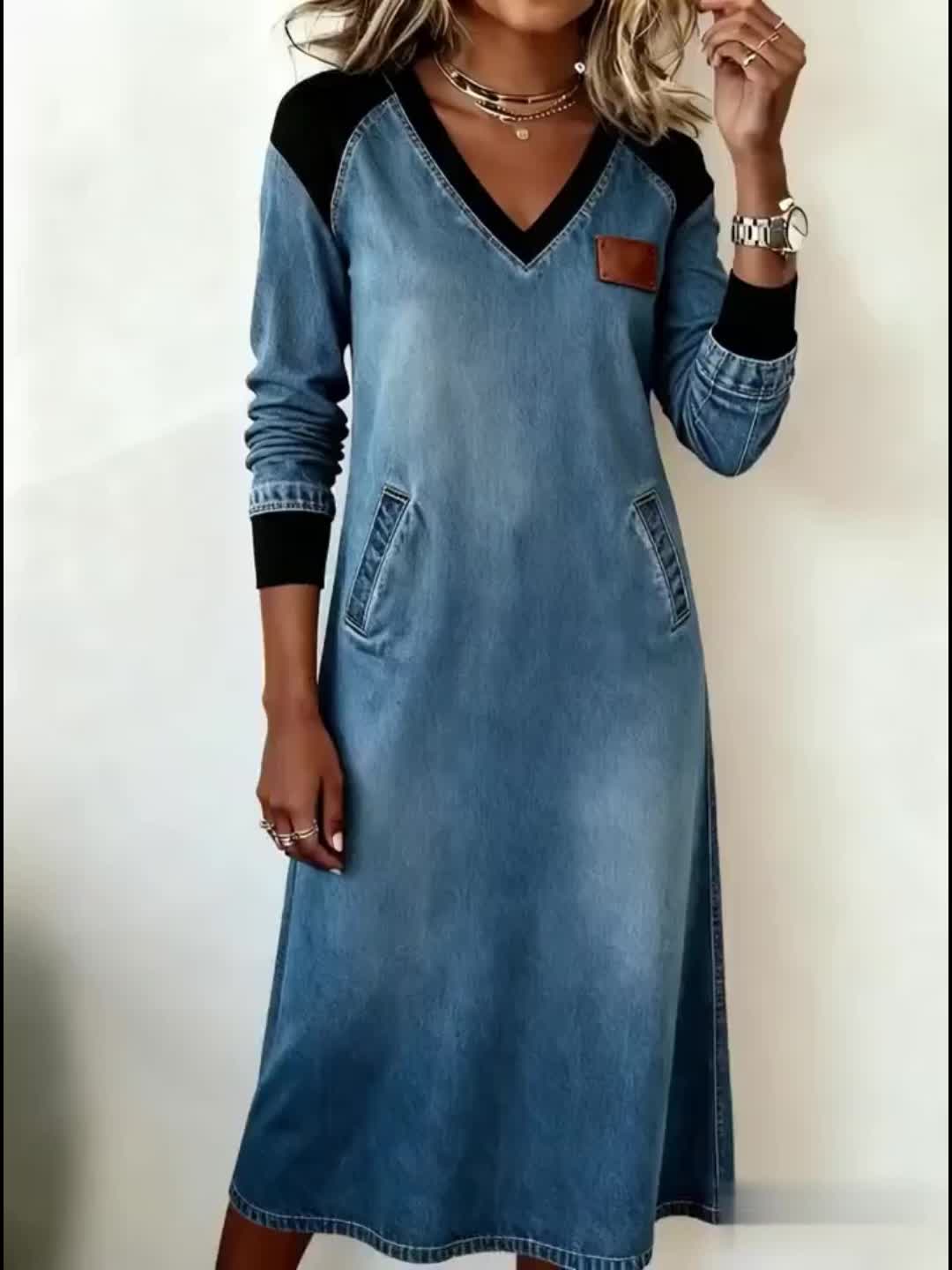 Elegante Retro Midi Jurk met V-Hals & Zakken