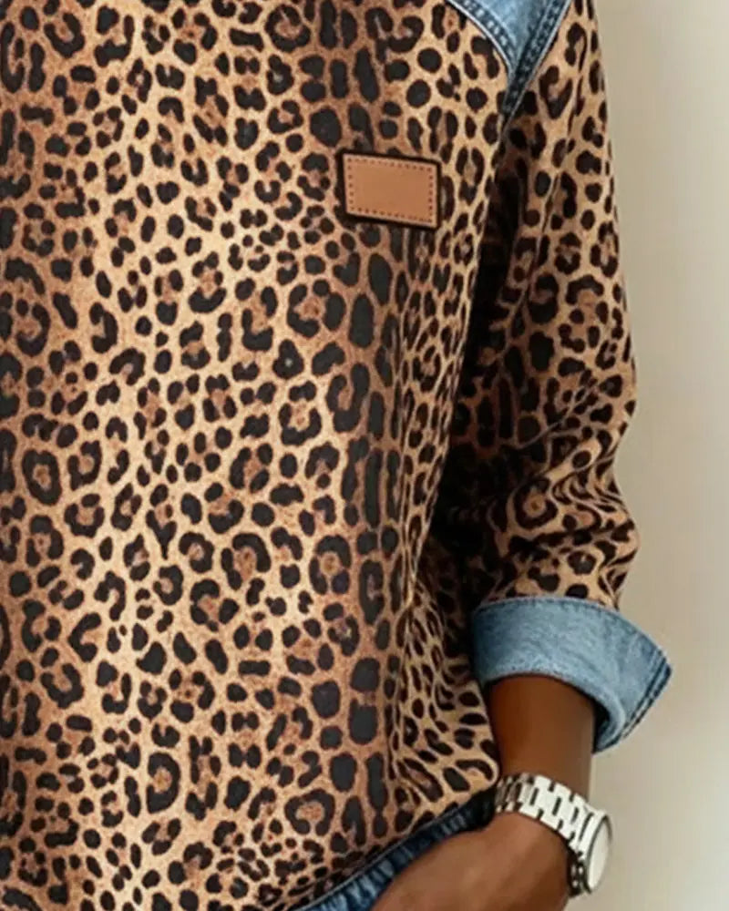 Leopard Print Patchwork Denim Trui