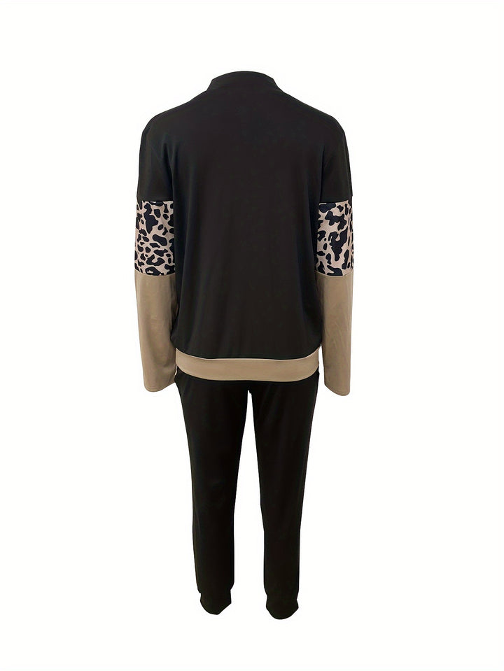Luipaardprint Patchwork Tweedelige Set - Trendy Lange Mouwen Top & Broek