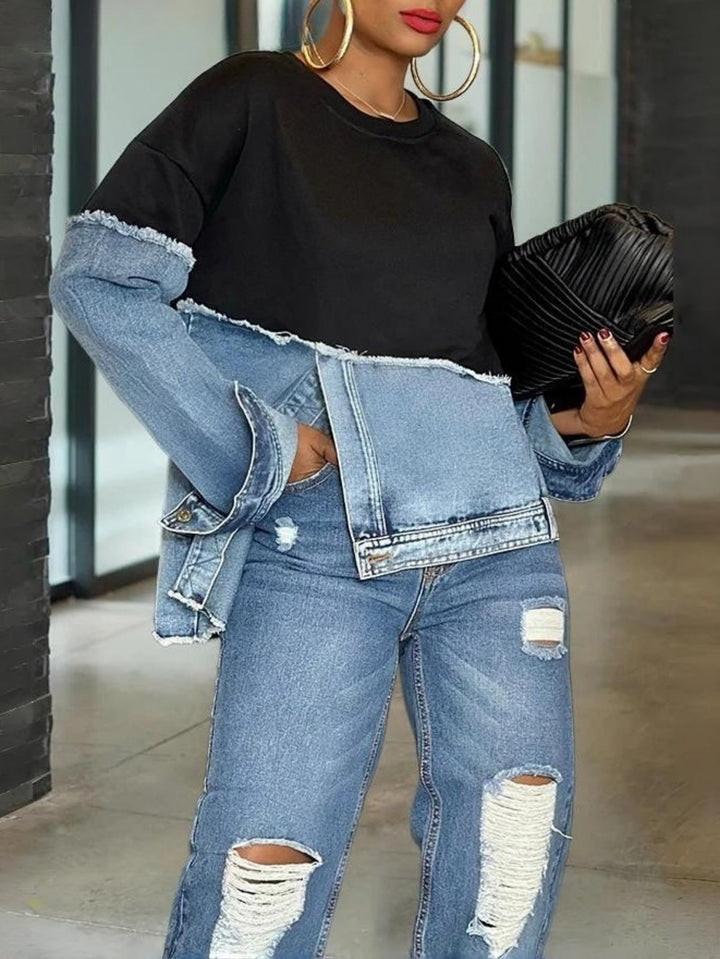 Dames Casual Denim Patchwork Lange Mouw Crew Neck Top