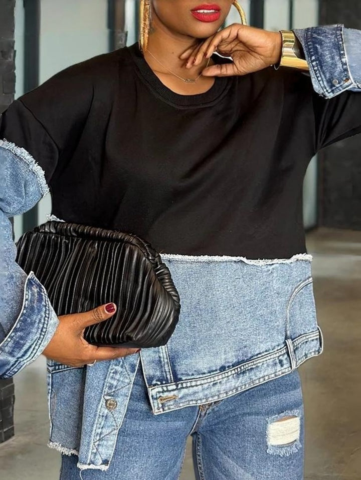 Dames Casual Denim Patchwork Lange Mouw Crew Neck Top