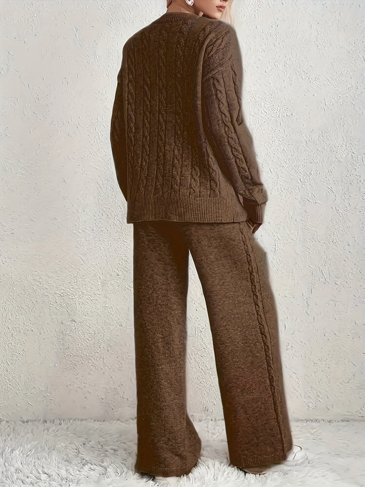 V-Hals Sweater en Wijde Broek Tweedelige Set - Fashionable & Casual