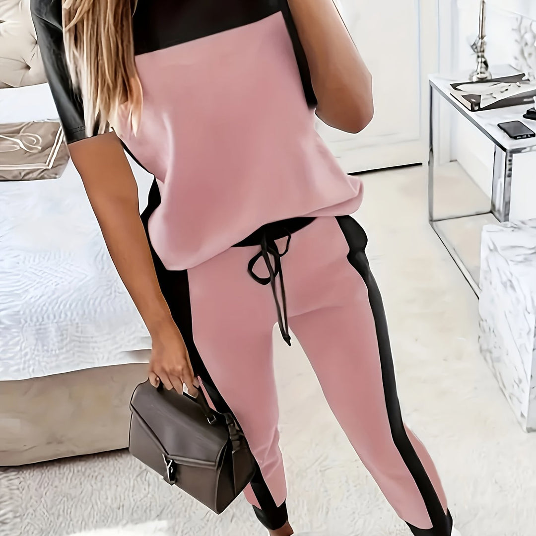 Casual Color-Block Set - T-Shirt met Ronde Hals en Lange Broek