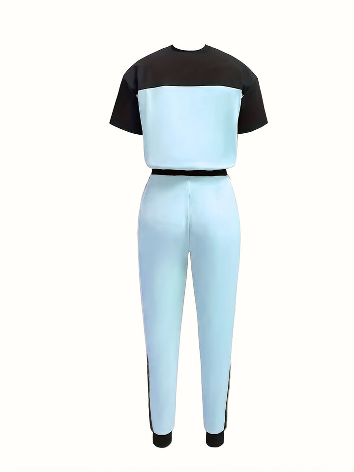 Casual Color-Block Set - T-Shirt met Ronde Hals en Lange Broek