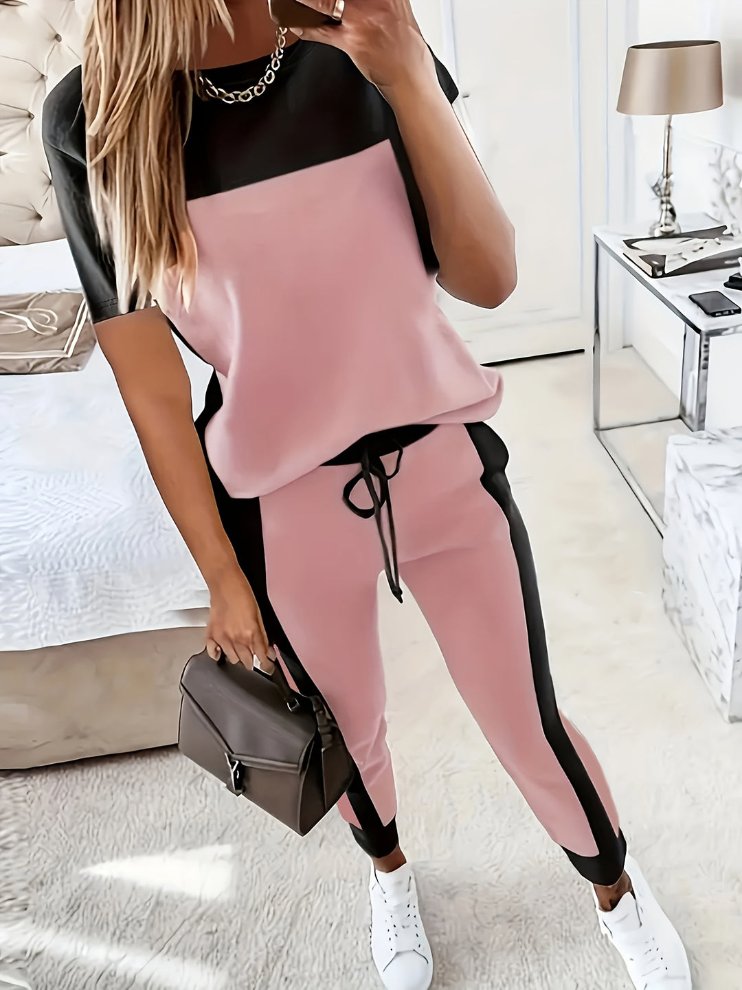 Casual Color-Block Set - T-Shirt met Ronde Hals en Lange Broek