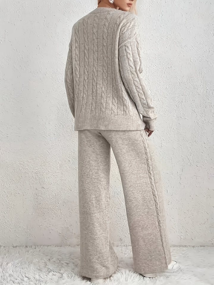 V-Hals Sweater en Wijde Broek Tweedelige Set - Fashionable & Casual