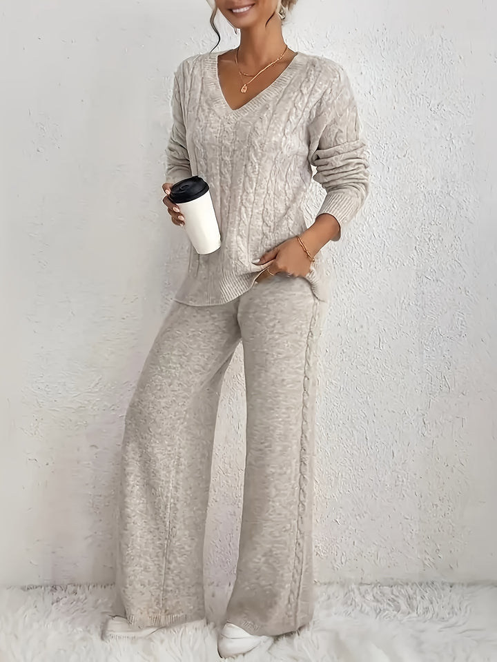 V-Hals Sweater en Wijde Broek Tweedelige Set - Fashionable & Casual